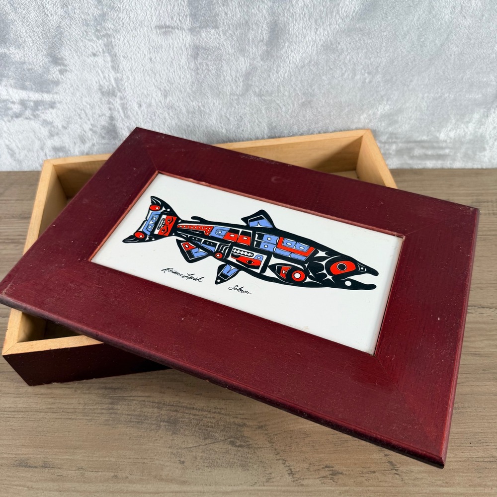Roxana Leask Salmon Fish Indigenous Art Tile Cherry Wood Keepsake Box
